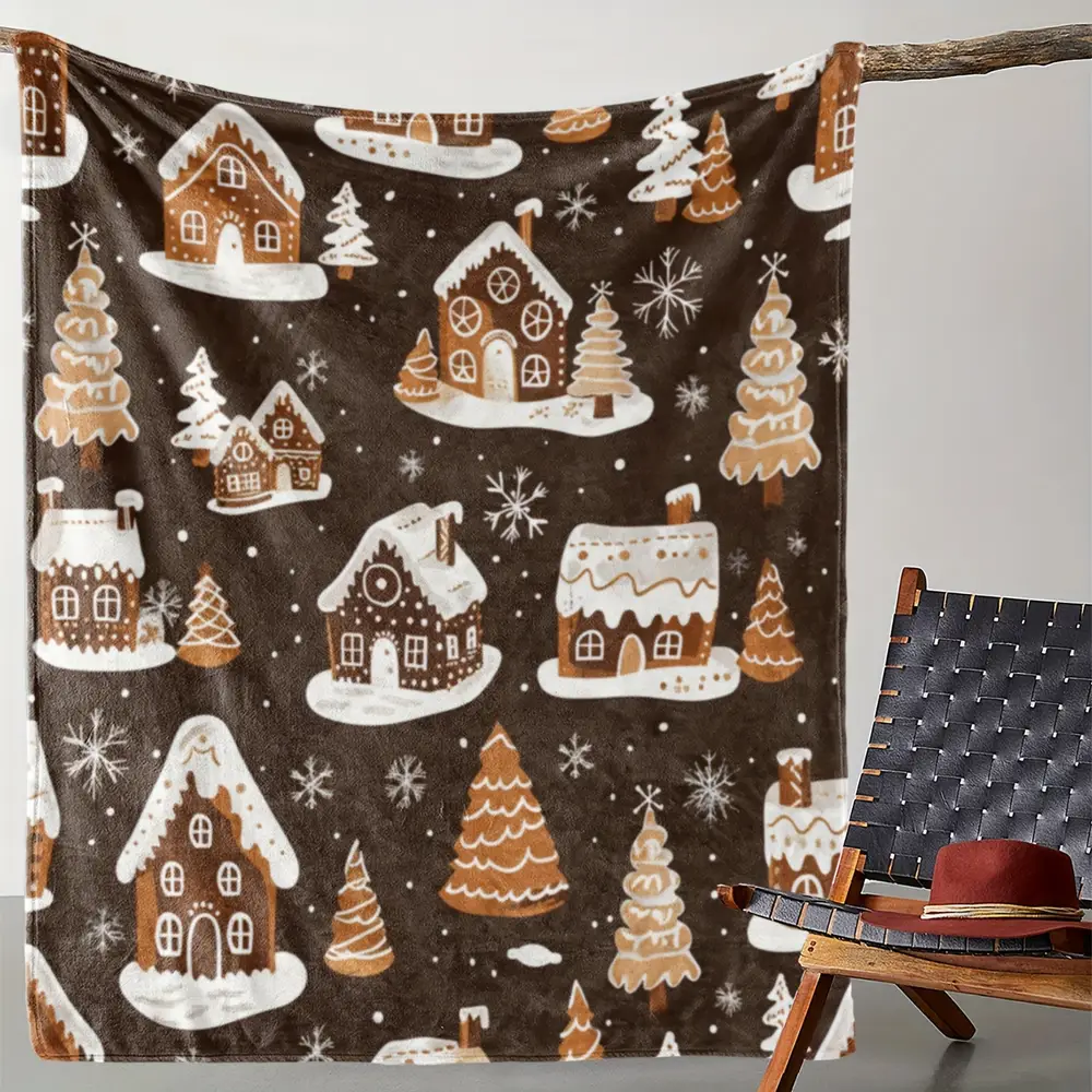 Couverture de Noël en flanelle douce – Motif maisons enneigées et sapins – Image 2
