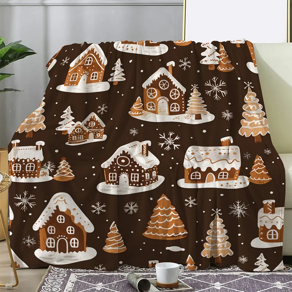 Couverture de Noël en flanelle douce – Motif maisons enneigées et sapins – Image 4