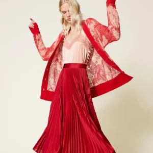 twinset jupe longue plissée framboise