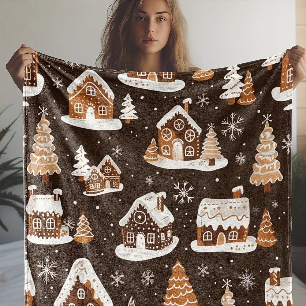 Couverture de Noël en flanelle douce – Motif maisons enneigées et sapins – Image 3