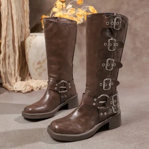 Bottes cavalières femme en cuir synthétique avec boucles – doublure confort