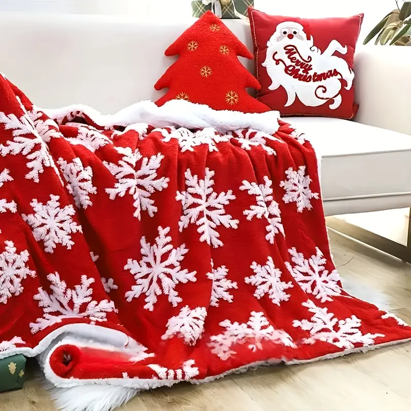 Plaid polaire de Noël rouge avec flocons – couverture douce et festive – Image 3