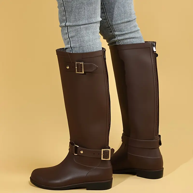 Bottes cavalières femme en cuir PU avec boucle et talon bas – confort moto – Image 5