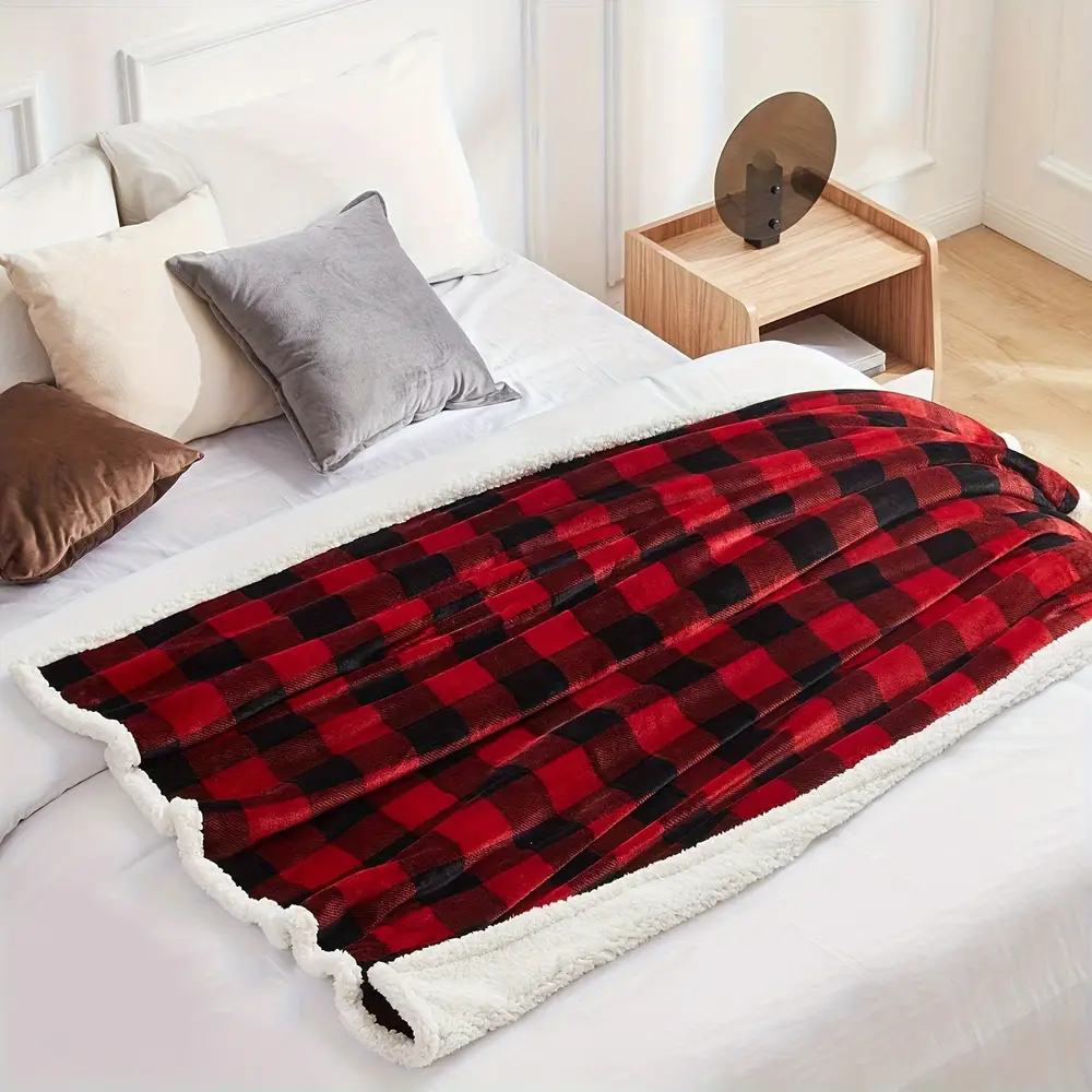 Plaid en flanelle douce réversible – motif carreaux rouge noir – ultra confortable – Image 3