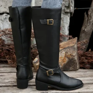 Bottes cavalières femme en cuir synthétique noir – style vintage élégant
