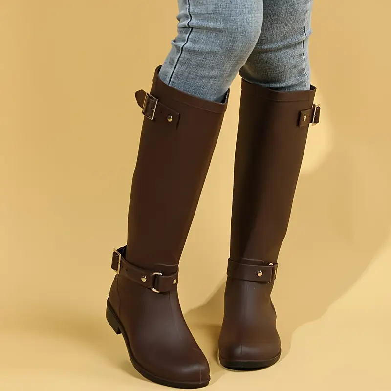 Bottes cavalières femme en cuir PU avec boucle et talon bas – confort moto – Image 3