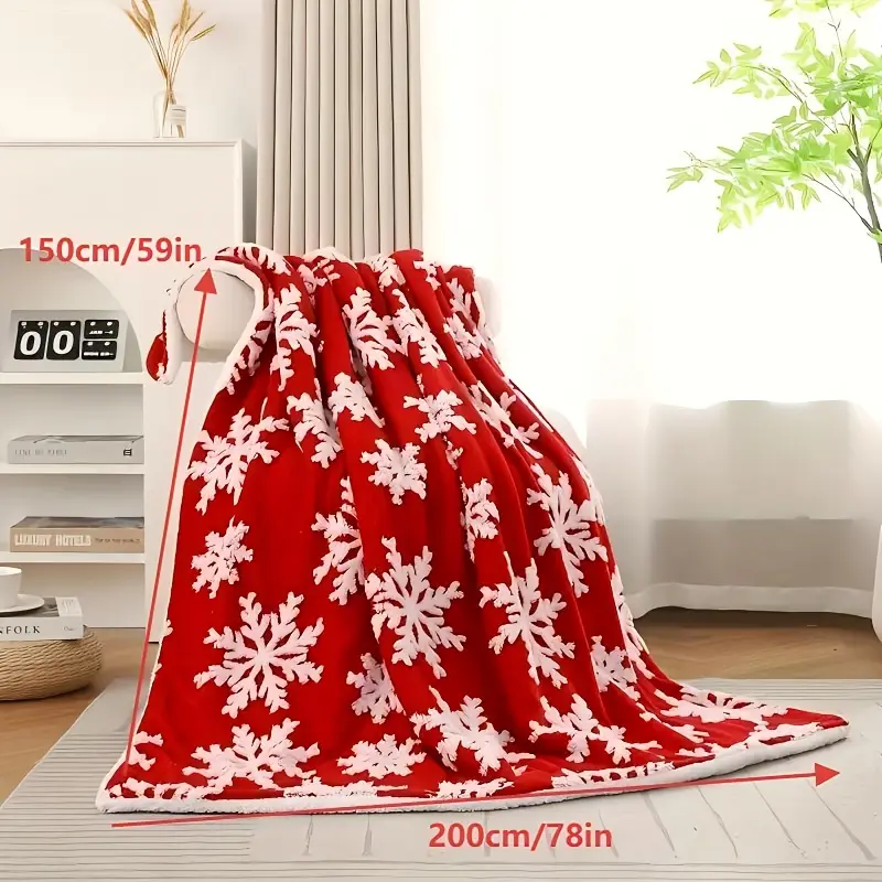Plaid polaire de Noël rouge avec flocons – couverture douce et festive – Image 4