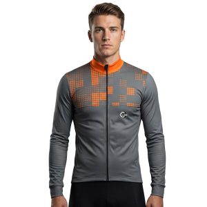Maillot de Cyclisme Hiver Manches Longues ORDINO Taupe/Orange