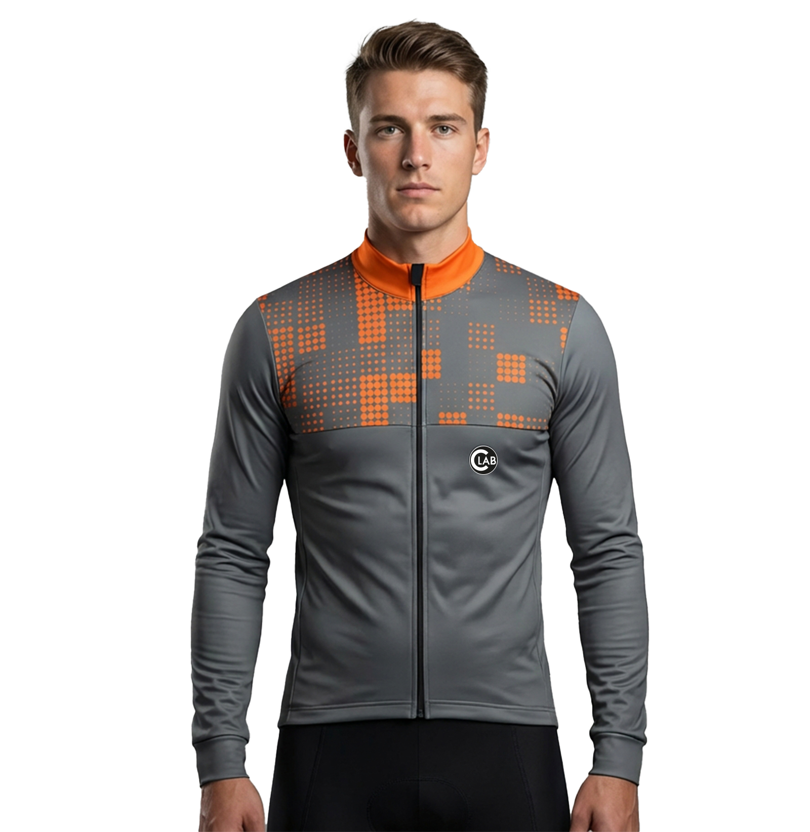 Maillot de Cyclisme Hiver Manches Longues ORDINO Taupe/Orange
